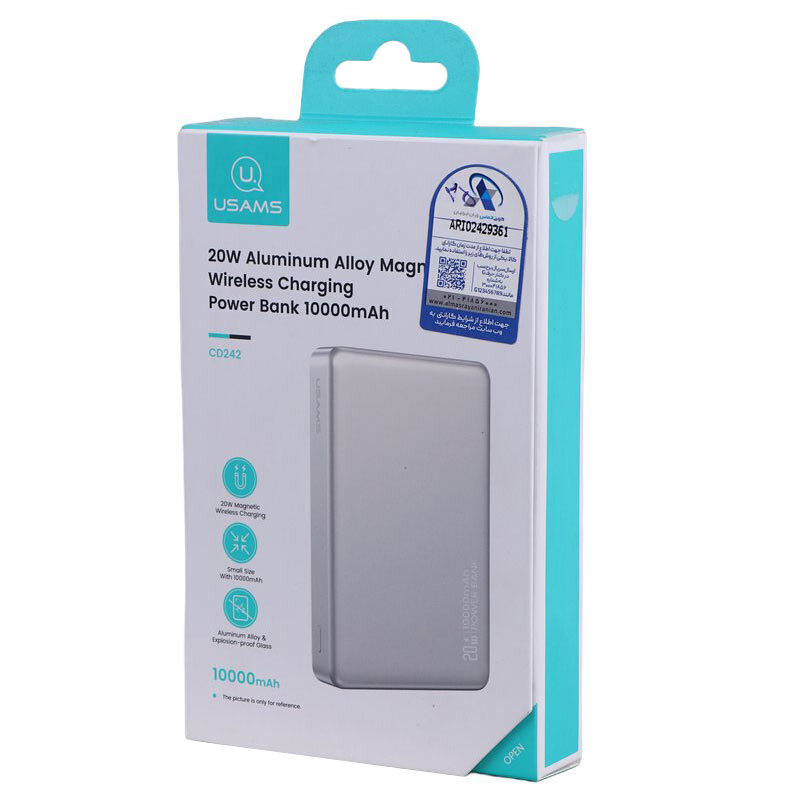 پاور بانک بی سیم فست شارژ یوسامز CD242 QC3.0 PD 20W ظرفیت 10000 میلی آمپر ساعت