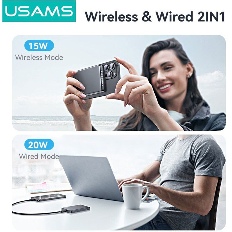 پاور بانک بی سیم فست شارژ یوسامز CD242 QC3.0 PD 20W ظرفیت 10000 میلی آمپر ساعت