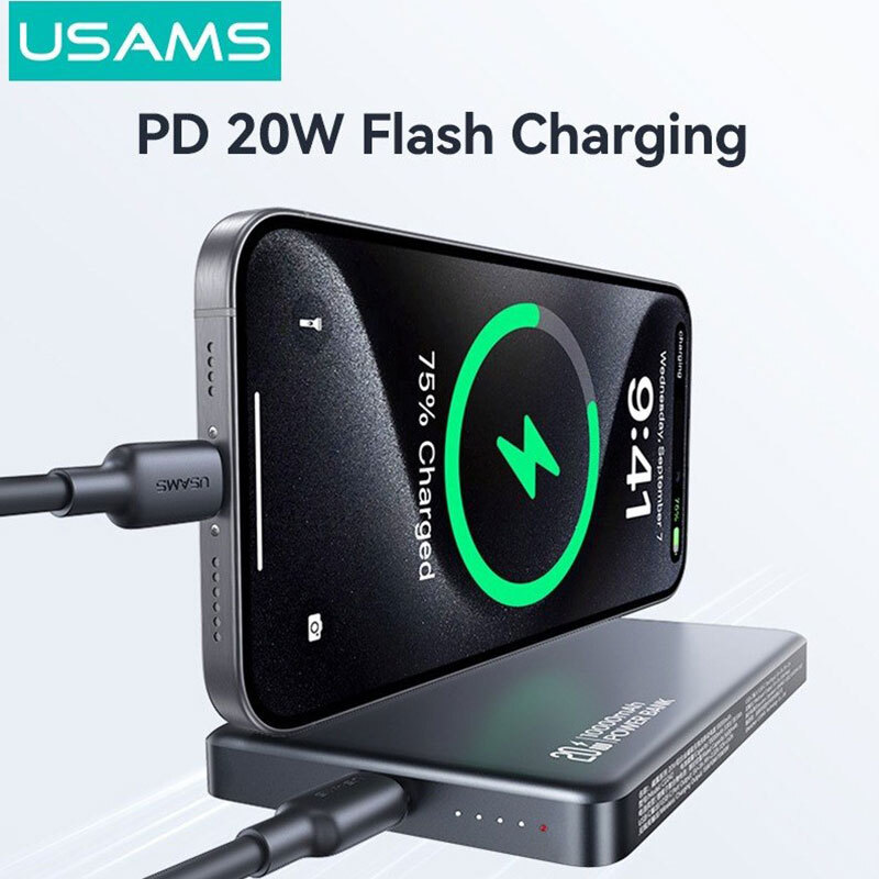 پاور بانک بی سیم فست شارژ یوسامز CD242 QC3.0 PD 20W ظرفیت 10000 میلی آمپر ساعت