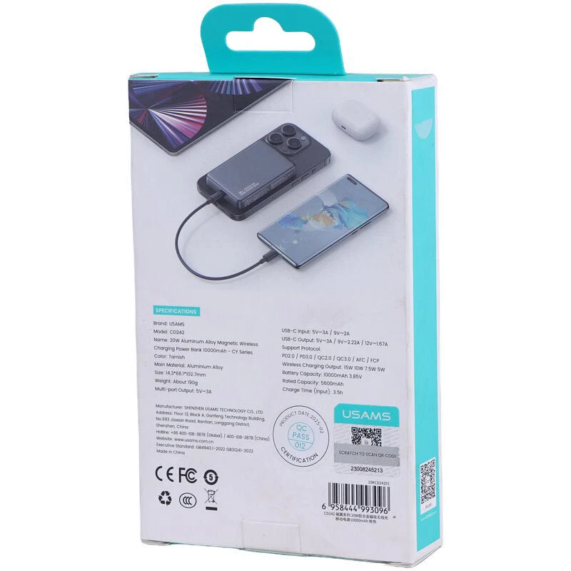 پاور بانک بی سیم فست شارژ یوسامز CD242 QC3.0 PD 20W ظرفیت 10000 میلی آمپر ساعت
