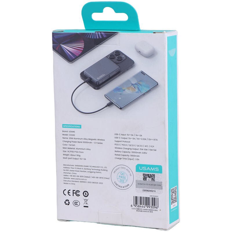 پاور بانک بی سیم فست شارژ یوسامز CD242 QC3.0 PD 20W ظرفیت 10000 میلی آمپر ساعت