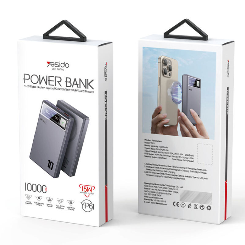 پاور بانک بی سیم فست شارژ یسیدو YP61 QC3.0 PD 22.5W ظرفیت 10000 میلی آمپر ساعت