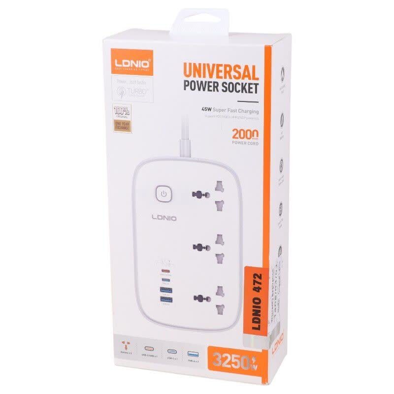 چند راهی 3 خانه برق ارت دار الدینیو SC6 با کابل 2 متری + شارژر USB و Type-C