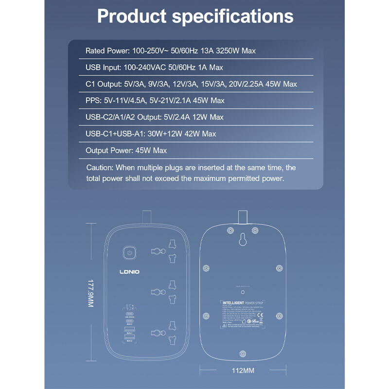 چند راهی 3 خانه برق ارت دار الدینیو SC6 با کابل 2 متری + شارژر USB و Type-C