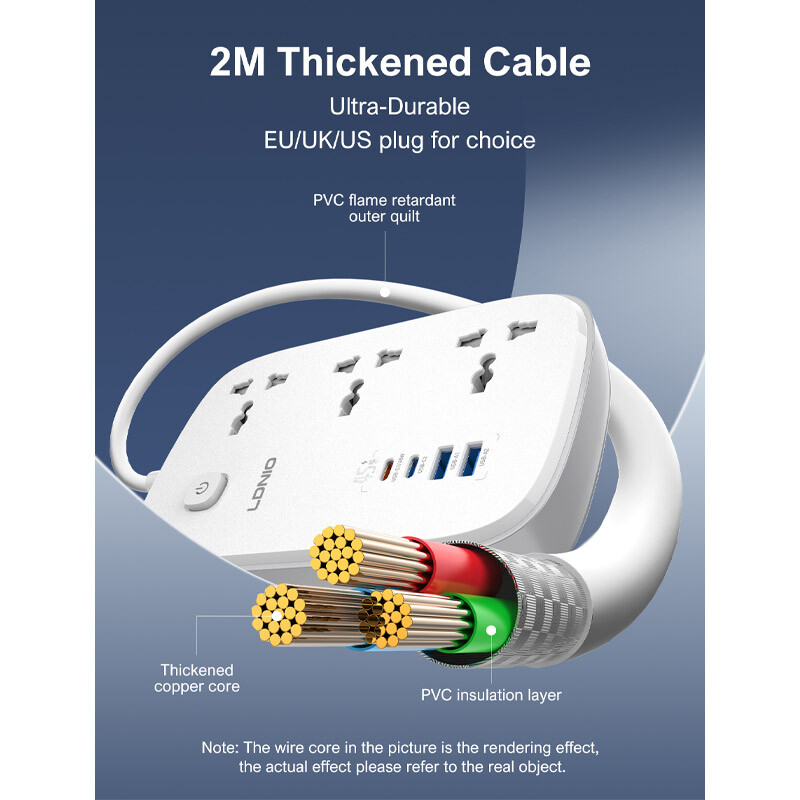 چند راهی 3 خانه برق ارت دار الدینیو SC6 با کابل 2 متری + شارژر USB و Type-C