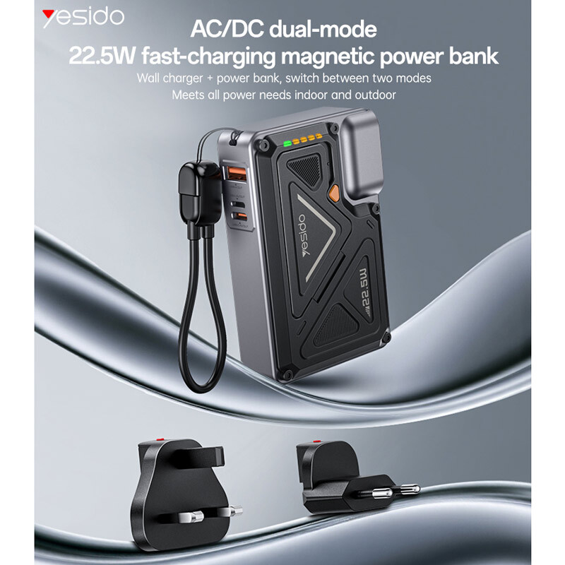 شارژر دیواری و پاور بانک بی سیم فست شارژ یسیدو YP89 PD 22.5W ظرفیت 10000 میلی آمپر ساعت