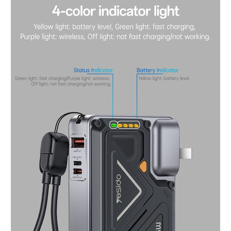 شارژر دیواری و پاور بانک بی سیم فست شارژ یسیدو YP89 PD 22.5W ظرفیت 10000 میلی آمپر ساعت