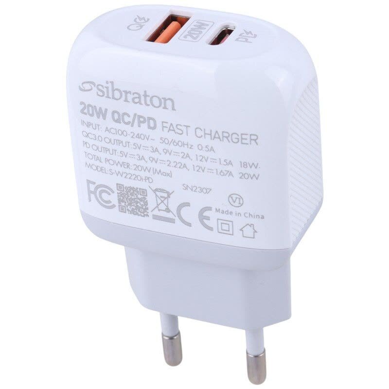 شارژر دیواری 20 وات سیبراتون S-W2220i-PD QC3.0 PD 3A + کابل تبدیل آیفونی