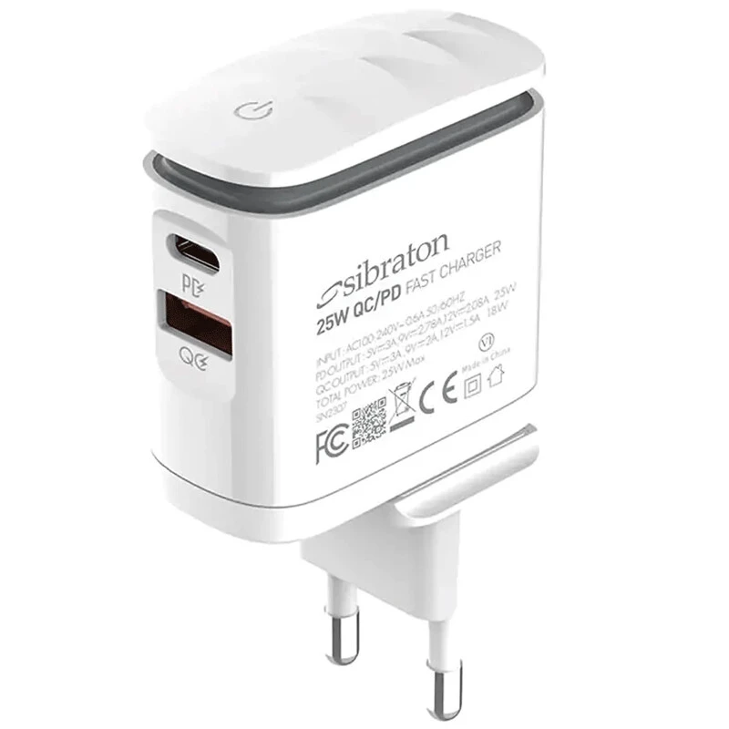 شارژر دیواری 25 وات سیبراتون S-W2225i-PD QC3.0 PD 3A + کابل تبدیل آیفونی