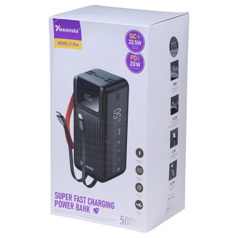 پاور بانک فست شارژ یوسوندا Y-P44 QC PD 22.5W ظرفیت 50000 میلی آمپر ساعت