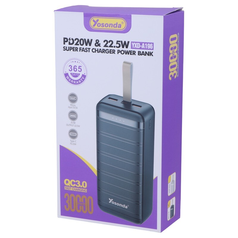 پاور بانک فست شارژ یوسوندا YXD-A196 PD QC 24W ظرفیت 30000 میلی آمپر ساعت