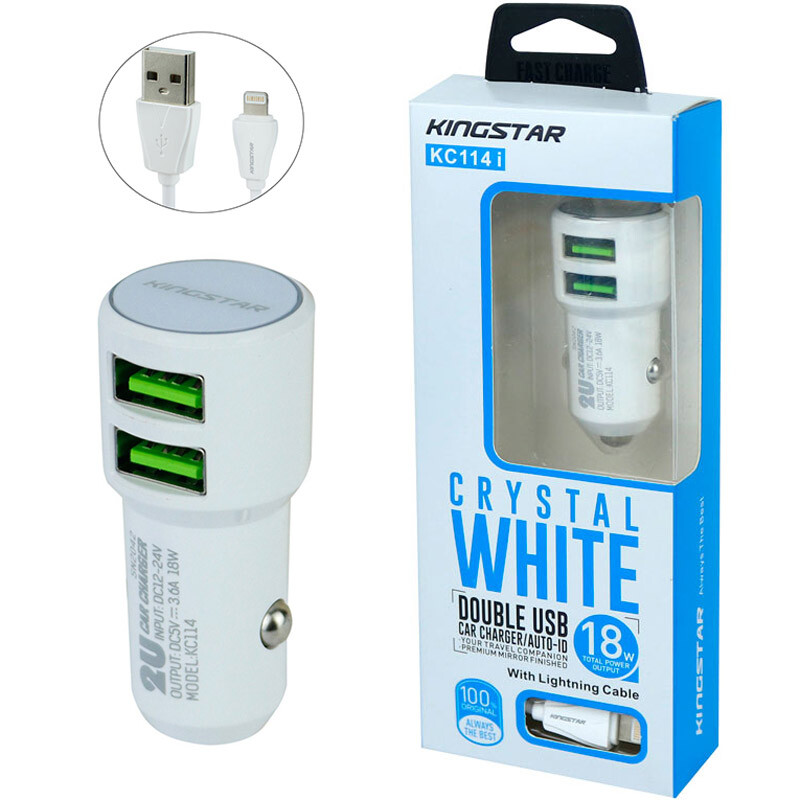 شارژر فندکی فست شارژ KingStar KC114i 3.6A 18W + کابل آیفونی
