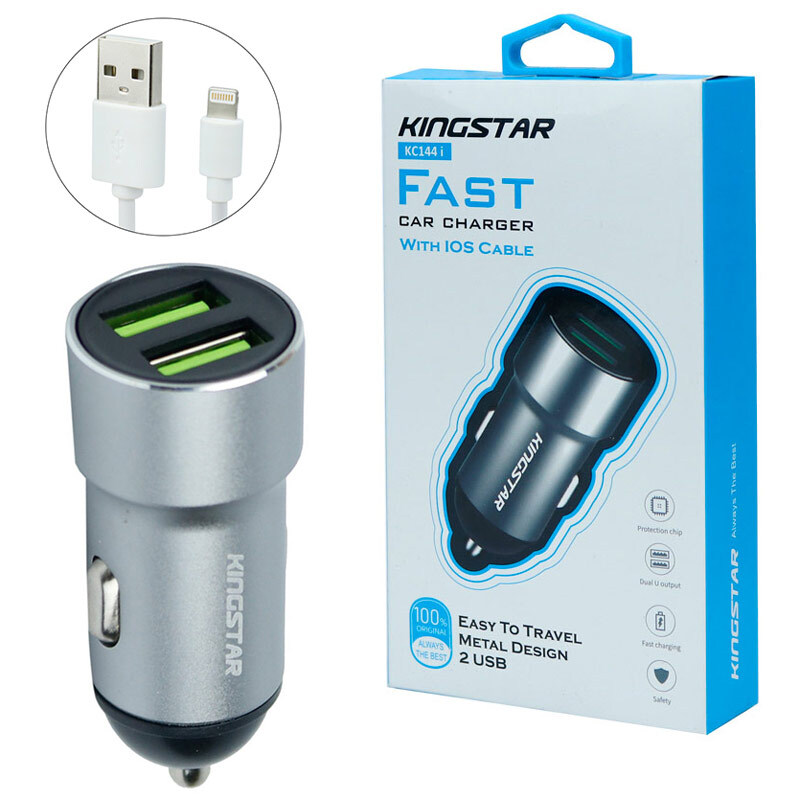 شارژر فندکی فست شارژ KingStar KC144i 3.4A + کابل آیفونی