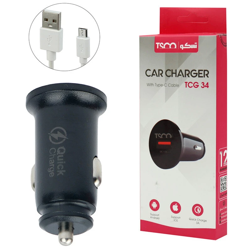 شارژر فندکی فست شارژ TSCO TCG 34 3A QC3 + کابل میکرو یو اس بی