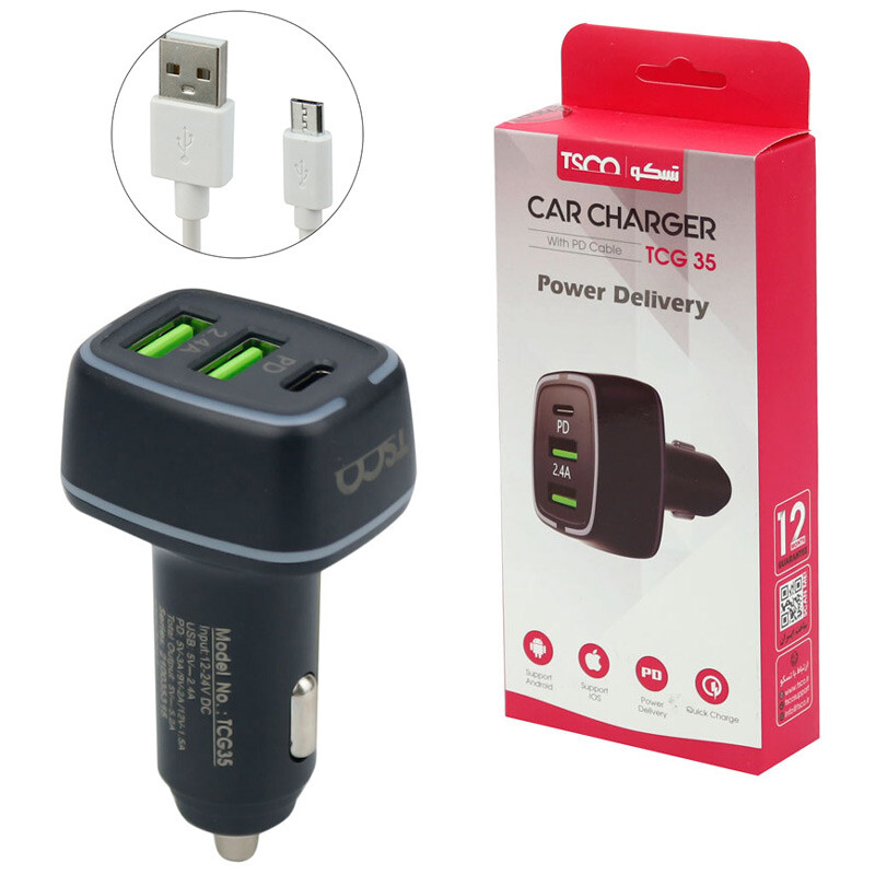 شارژر فندکی فست شارژ TSCO TCG 35 3A 18W PD + کابل میکرو یو اس بی
