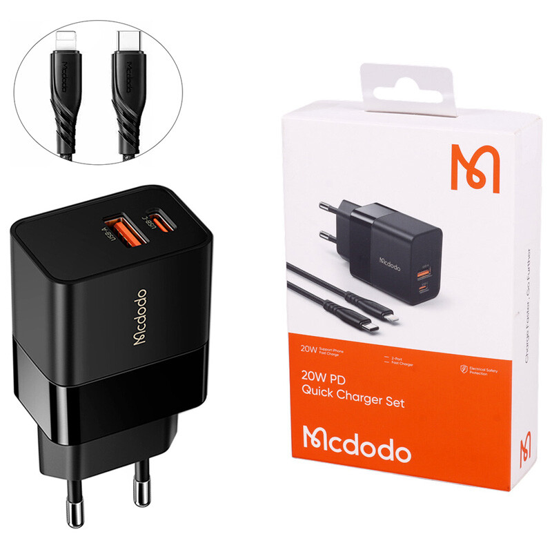 شارژر دیواری فست شارژ Mcdodo CH-1952 2Port 3A QC3.0 PD 20W + کابل آیفونی