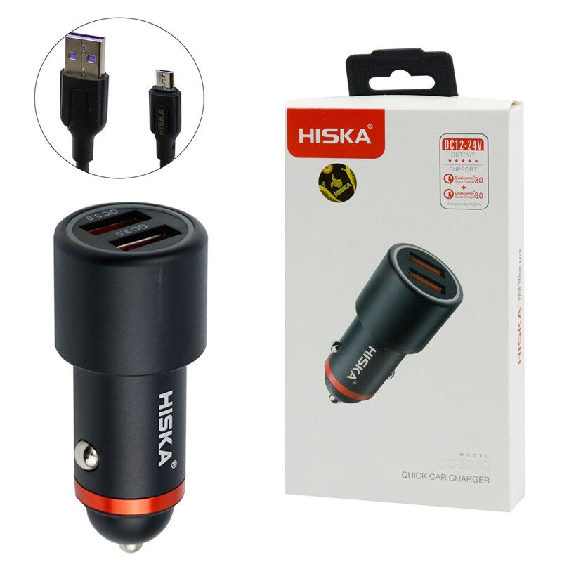 شارژر فندکی فست شارژ Hiska CC-307Q 3A QC3 PD + کابل میکرو یو اس بی