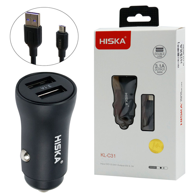 شارژر فندکی Hiska KL-C31 3.1A + کابل میکرو یو اس بی
