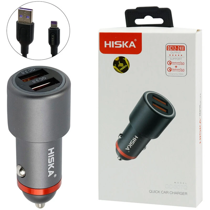 شارژر فندکی فست شارژ Hiska CC-307Q 3A QC3 + کابل آیفونی