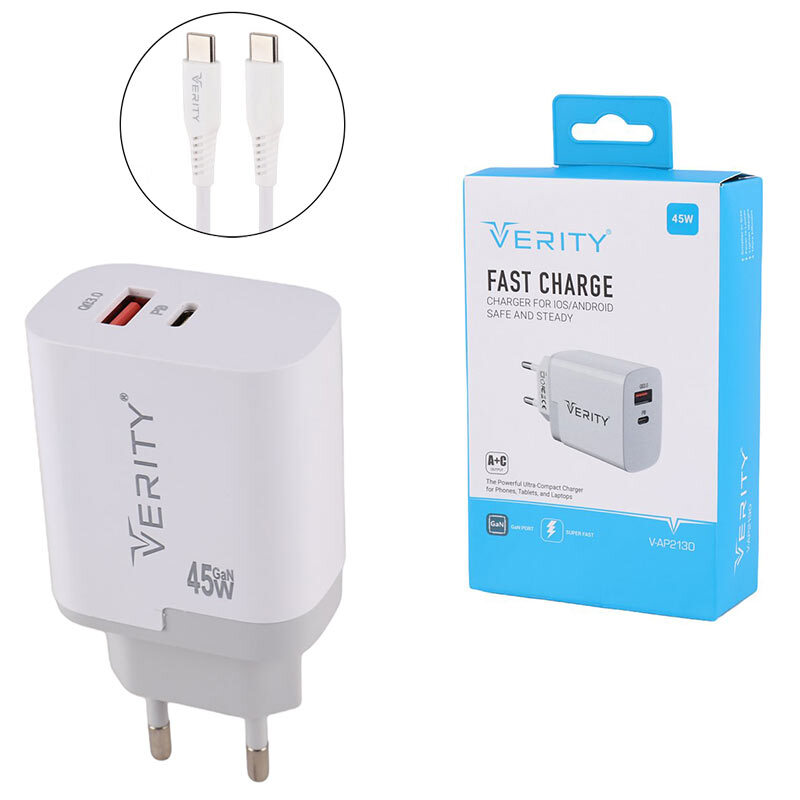 شارژر دیواری 45 وات وریتی V-AP2130 GaN QC3.0 PD 3A + کابل تایپ سی