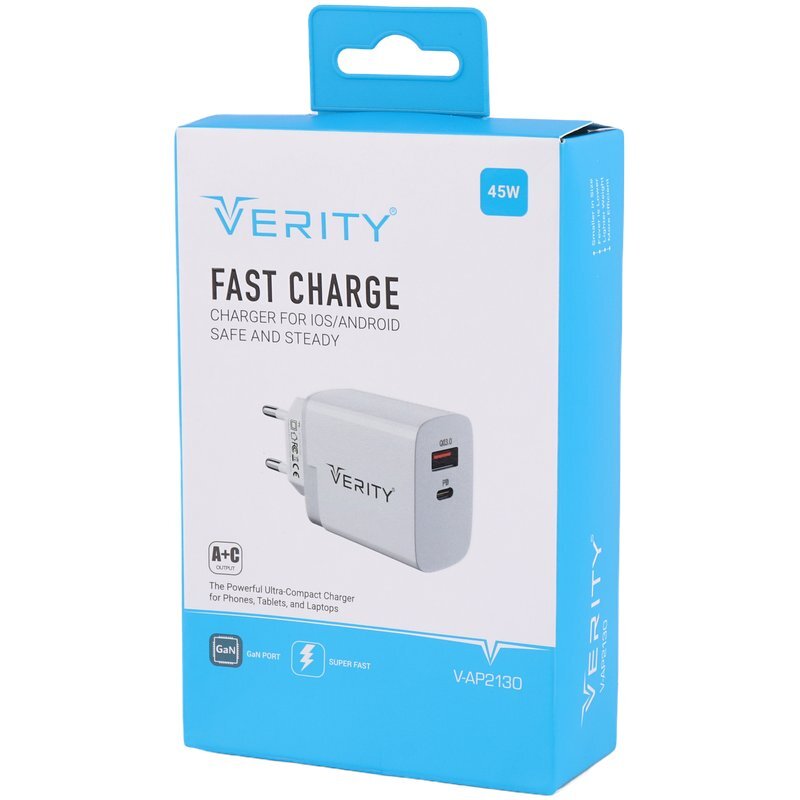 شارژر دیواری 45 وات وریتی V-AP2130 GaN QC3.0 PD 3A + کابل تایپ سی
