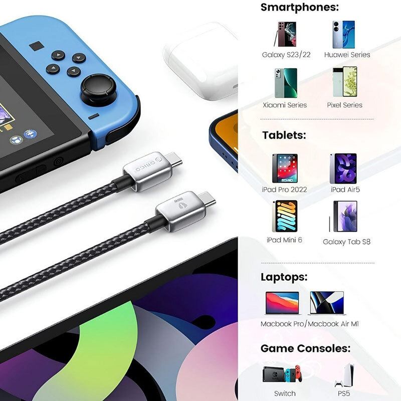 کابل دو سر تایپ سی فست شارژ 100 وات اوریکو GQZB100-10 طول 1 متر