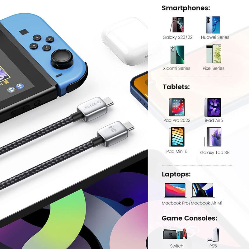 کابل دو سر تایپ سی فست شارژ 100 وات اوریکو GQZB100-10 طول 1 متر