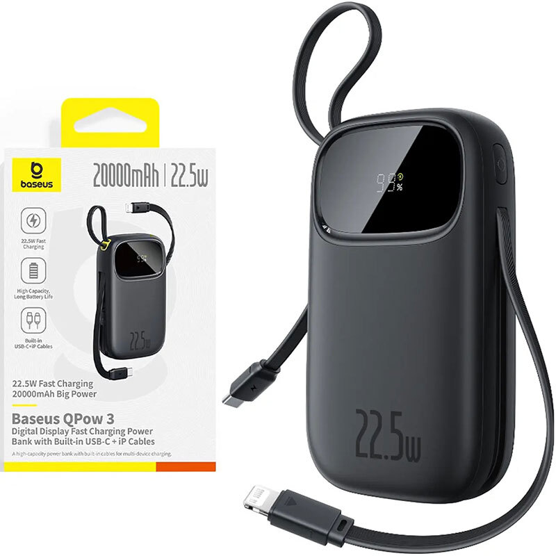 پاور بانک فست شارژ باسئوس QPOW3 P10082107123 PD 22.5W ظرفیت 20000 میلی آمپر ساعت