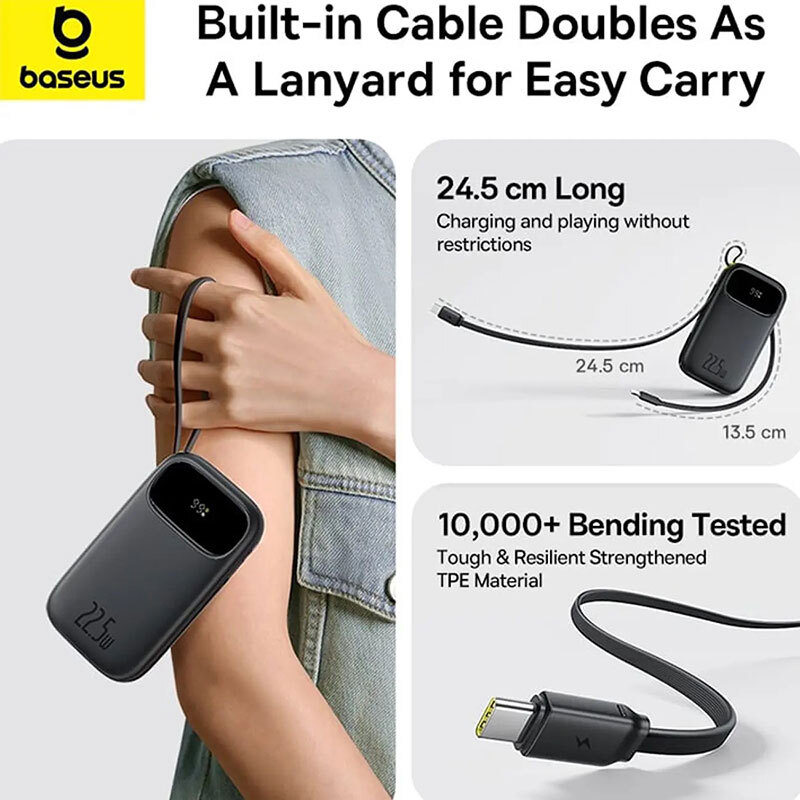 پاور بانک فست شارژ باسئوس QPOW3 P10082107123 PD 22.5W ظرفیت 20000 میلی آمپر ساعت