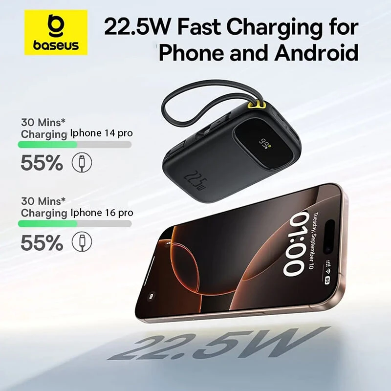 پاور بانک فست شارژ باسئوس QPOW3 P10082107123 PD 22.5W ظرفیت 20000 میلی آمپر ساعت