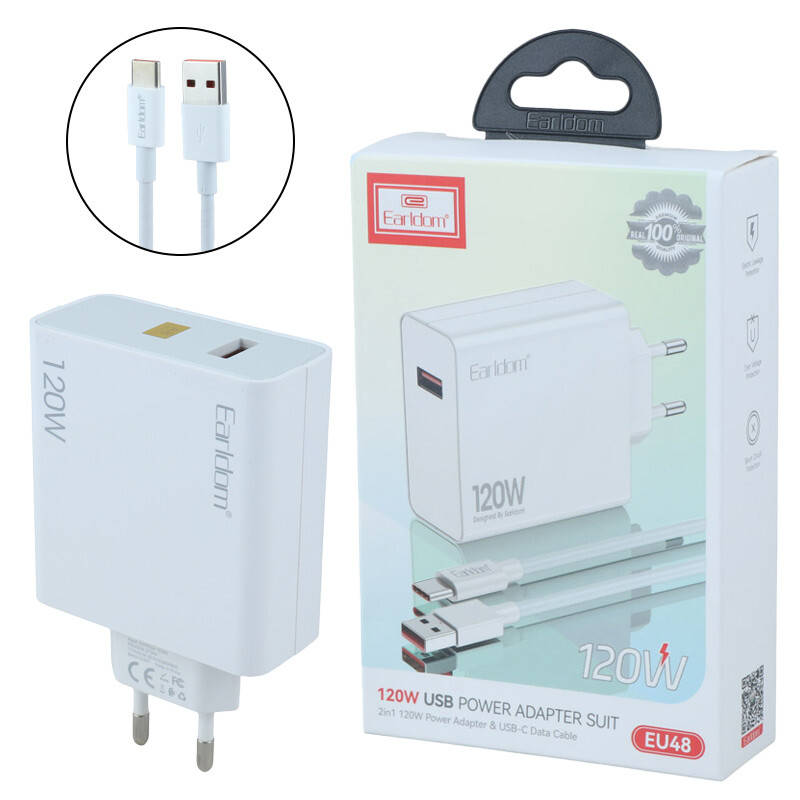 شارژر دیواری 120 وات ارلدام ES-EU48 6A + کابل تایپ سی