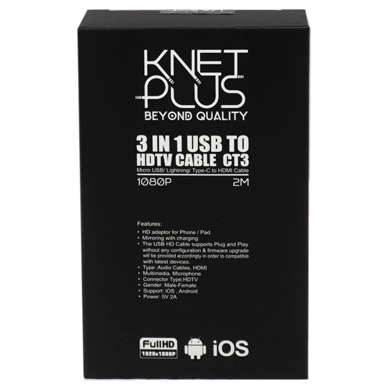 کابل تبدیل Lightning/MicroUSB/Type-C به HDMI کی نت پلاس KP-CT3 طول 2 متر