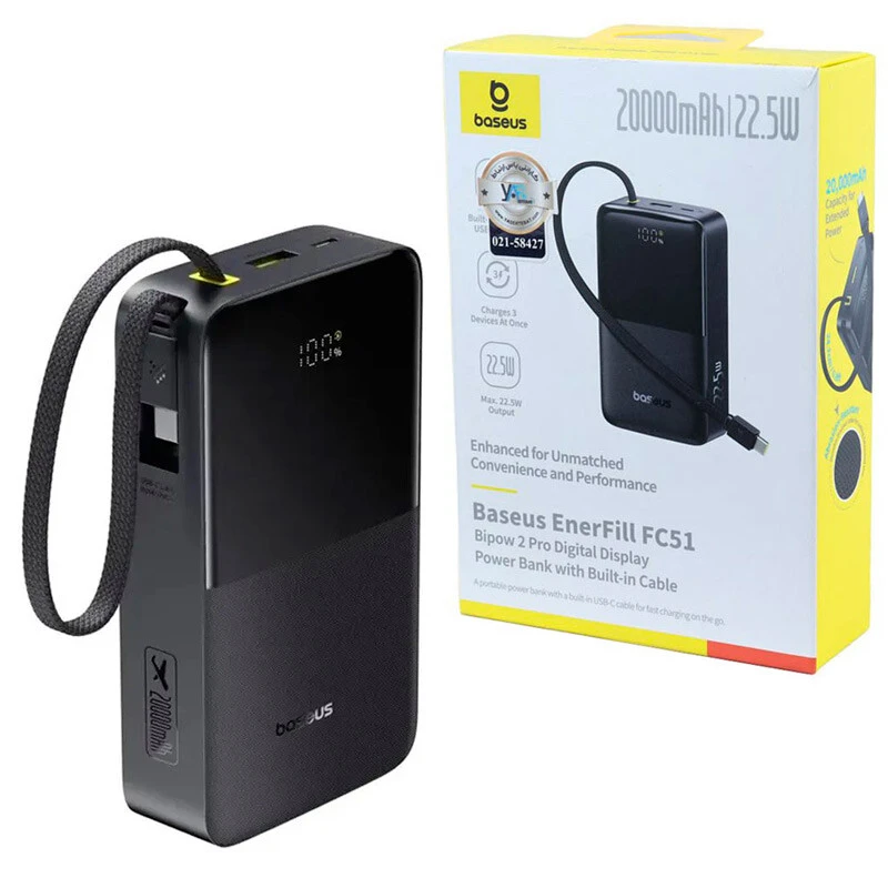 پاور بانک فست شارژ باسئوس EnerFill FC51 Bipow2 Pro E00277 PD QC3.0 20W ظرفیت 20000 میلی آمپر ساعت