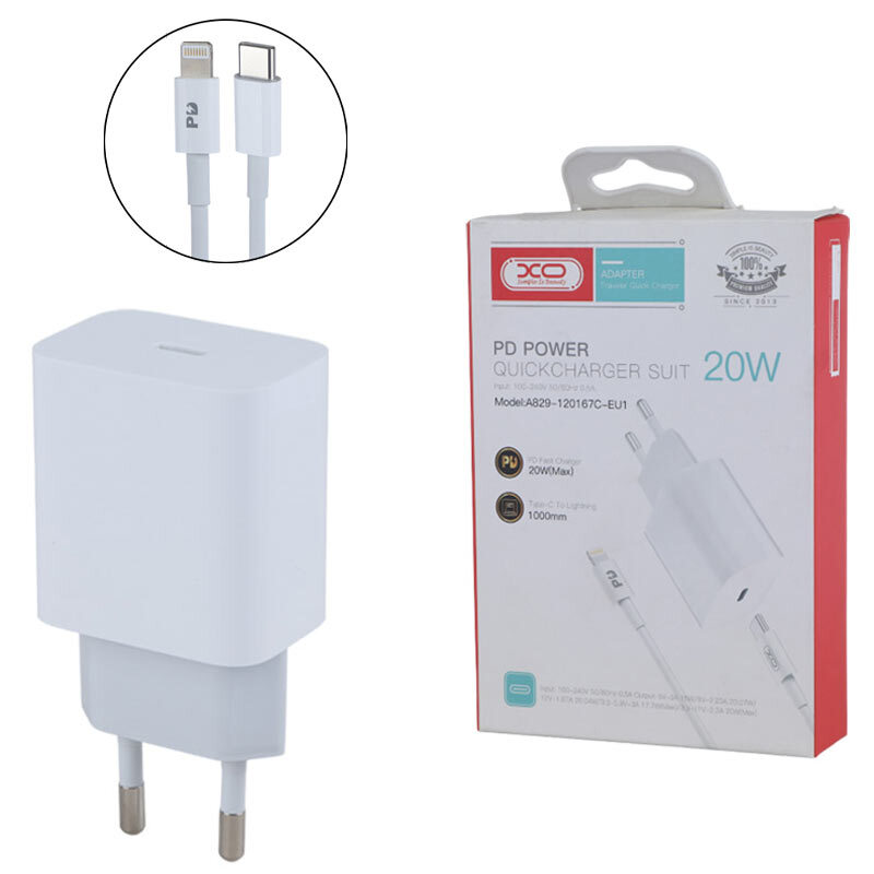 شارژر دیواری 20 وات ایکس او A829-120137C-EU1 QC PD 3A + کابل تبدیل آیفونی