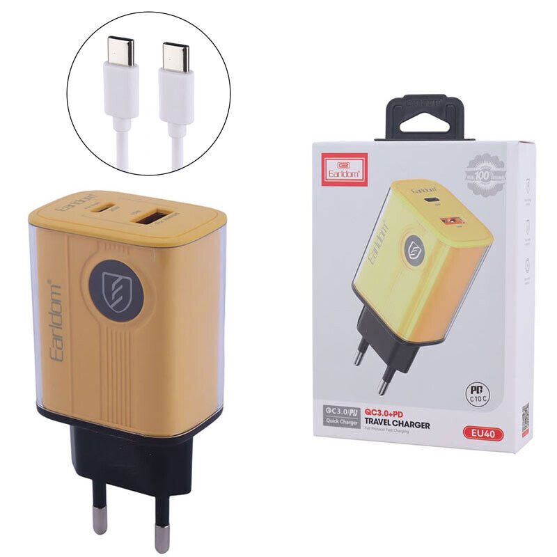 شارژر دیواری 20 وات ارلدام ES-EU40 QC3.0 PD 3A + کابل تبدیل تایپ سی