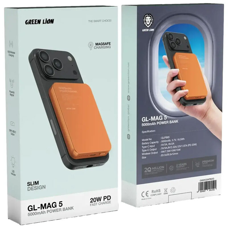 پاور بانک بی سیم فست شارژ گرین لاین GL-MAG 5 PD 20W ظرفیت 5000 میلی آمپر ساعت