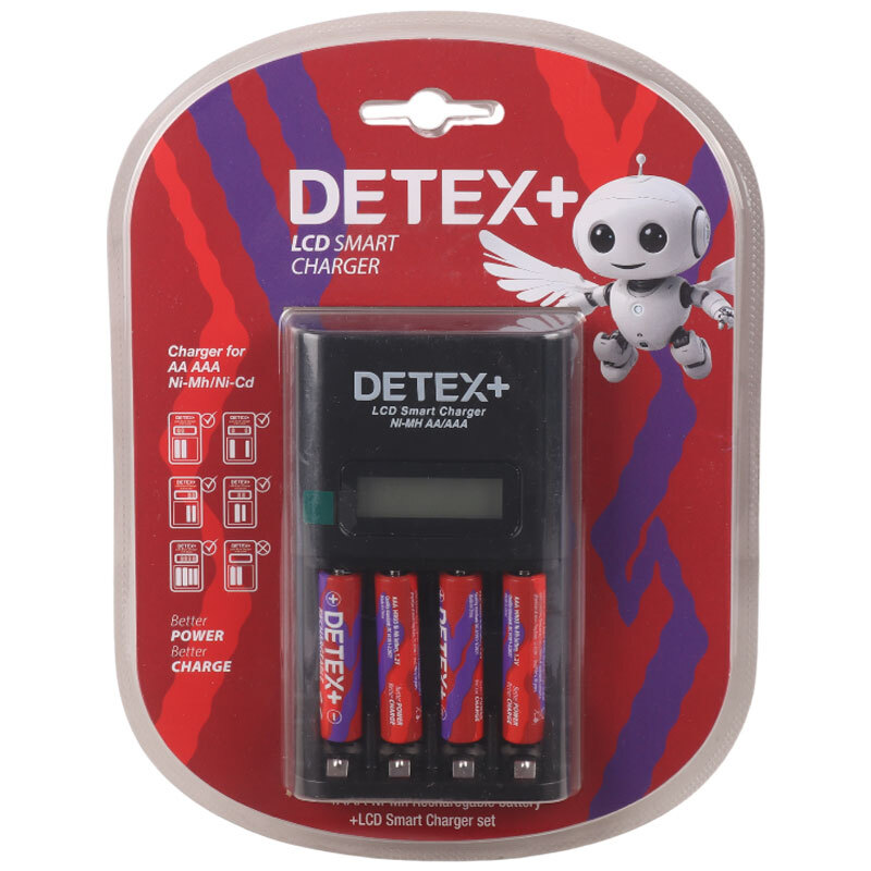 شارژر باتری Detex+ C-04 + چهار باتری شارژی نیم قلمی