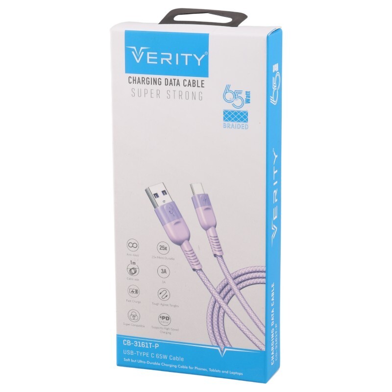 کابل تایپ سی فست شارژ 65 وات وریتی CB-3161T-W طول 1 متر