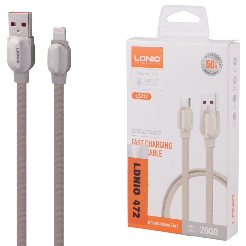 کابل لایتنینگ فست شارژ 50 وات الدینیو LS212 طول 2 متر