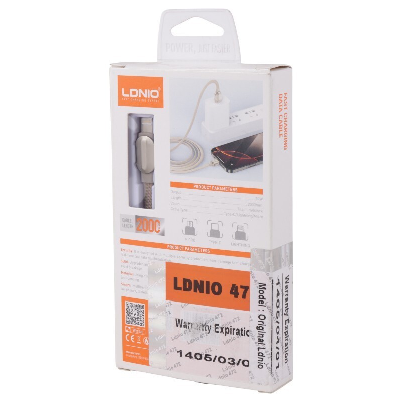 کابل لایتنینگ فست شارژ 50 وات الدینیو LS212 طول 2 متر