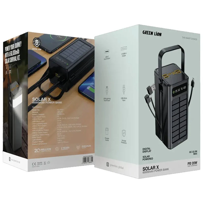پاور بانک خورشیدی فست شارژ گرین لاین Solar X GLPX50 GNSOL50PB60BK QC3.0 PD 22.5W ظرفیت 60000 میلی آمپر ساعت