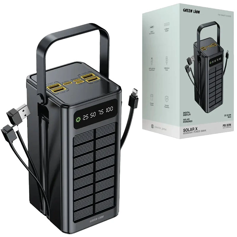 پاور بانک خورشیدی فست شارژ گرین لاین Solar X GLPX50 GNSOL50PB60BK QC3.0 PD 22.5W ظرفیت 60000 میلی آمپر ساعت