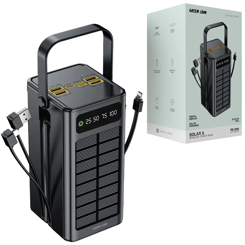 پاور بانک خورشیدی فست شارژ گرین لاین Solar X GLPX50 GNSOL50PB60BK QC3.0 PD 22.5W ظرفیت 60000 میلی آمپر ساعت