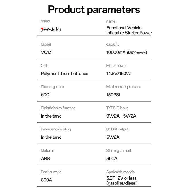 جامپ استارتر و پمپ باد و پاور بانک یسیدو VC13 ظرفیت 10000 میلی آمپر ساعت