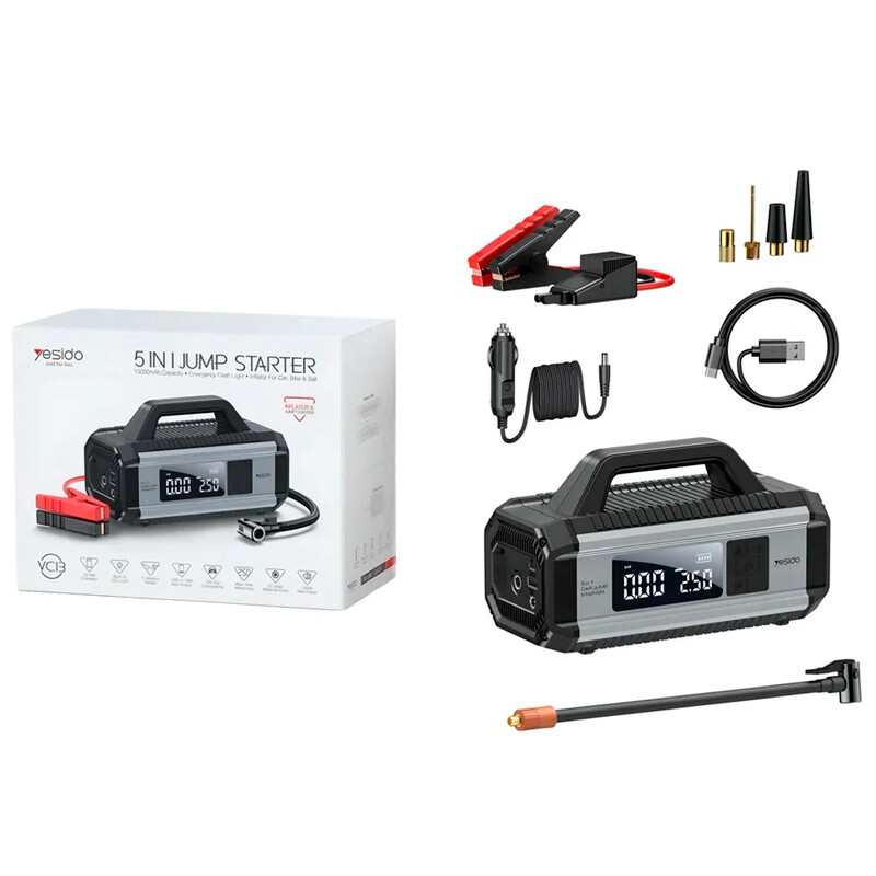 جامپ استارتر و پمپ باد و پاور بانک یسیدو VC13 ظرفیت 10000 میلی آمپر ساعت
