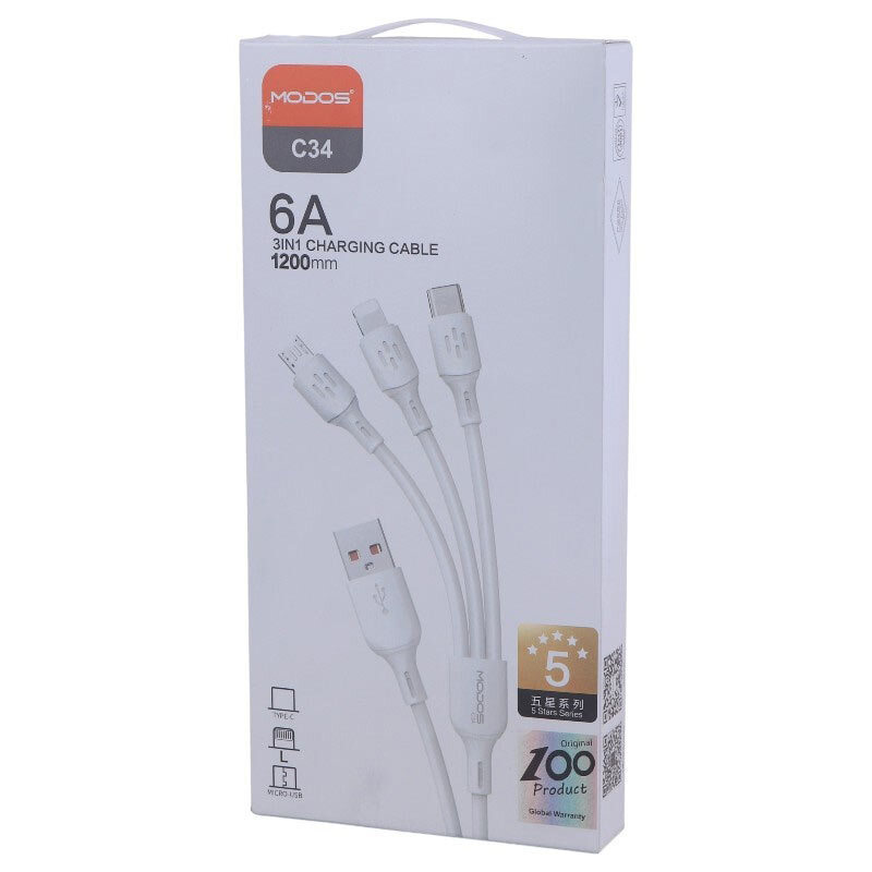 کابل سه سر فست شارژ 6 آمپر مودوس C34 طول 1.2 متر