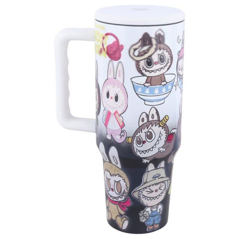 تراول ماگ تامبلر طرح لبوبو ظرفیت 1200 میلی لیتر + لیوان اسموتی طرح لبوبو کد 1008