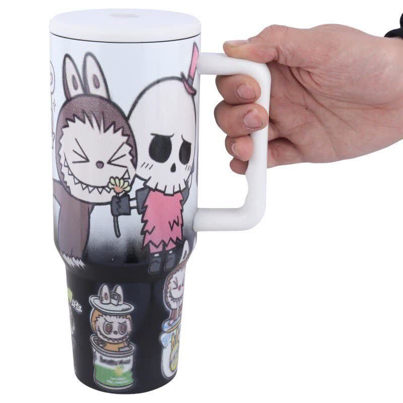 تراول ماگ تامبلر طرح لبوبو ظرفیت 1200 میلی لیتر + لیوان اسموتی طرح لبوبو کد 1008