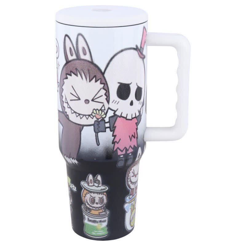 تراول ماگ تامبلر طرح لبوبو ظرفیت 1200 میلی لیتر + لیوان اسموتی طرح لبوبو کد 1008