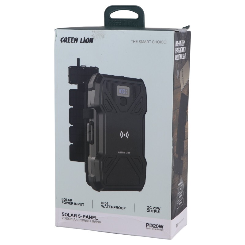 پاور بانک بی سیم خورشیدی فست شارژ گرین لاین Solar 5-Panel GL-PX27 GNSOL5PN20BK PD QC 22.5W ظرفیت 20000 میلی آمپر ساعت
